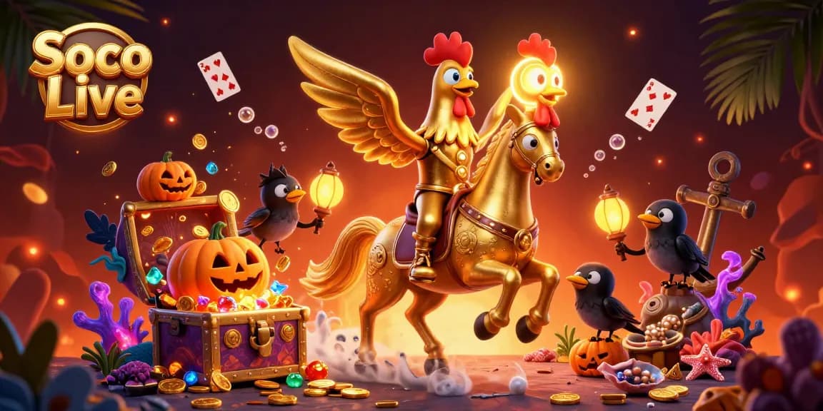 Soco Live features an exciting golden rooster and spectral horse in a captivating casino scene, showcasing vibrant gambling elements.