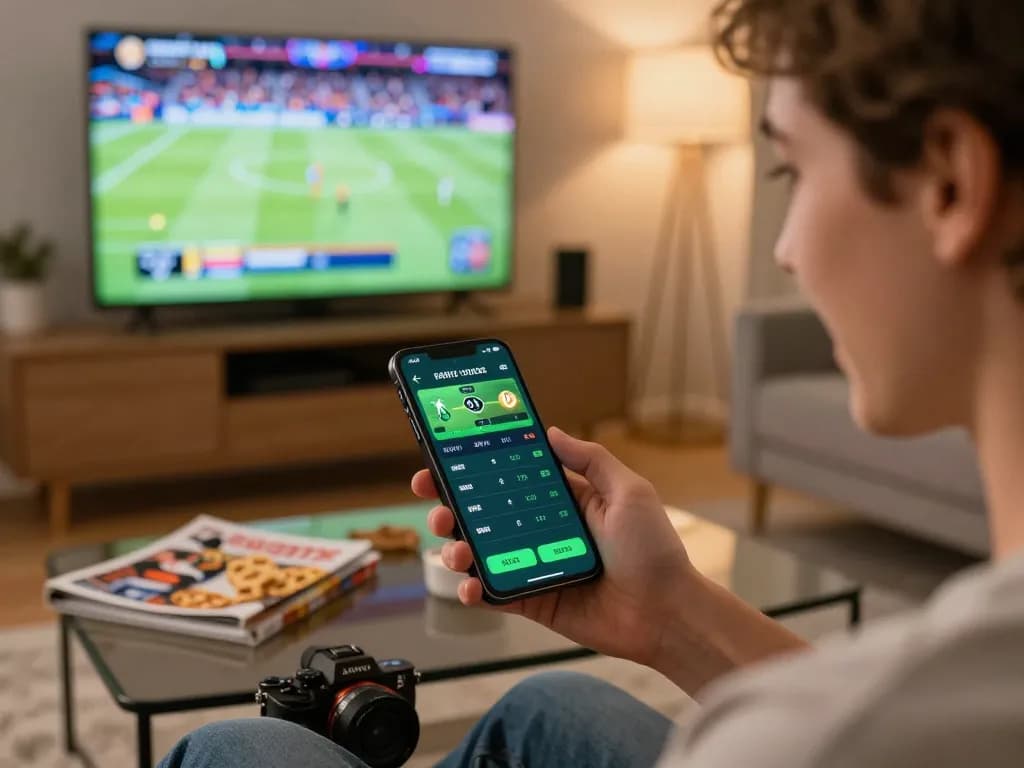 VA88 sports betting scene with user engaging on a smartphone app while watching live sports.
