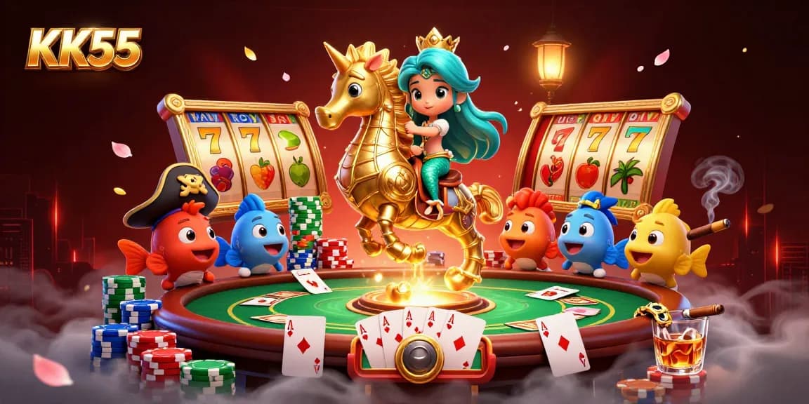 Experience the excitement of KK55 with this vibrant, captivating 3D casino action scene featuring lucky slots.