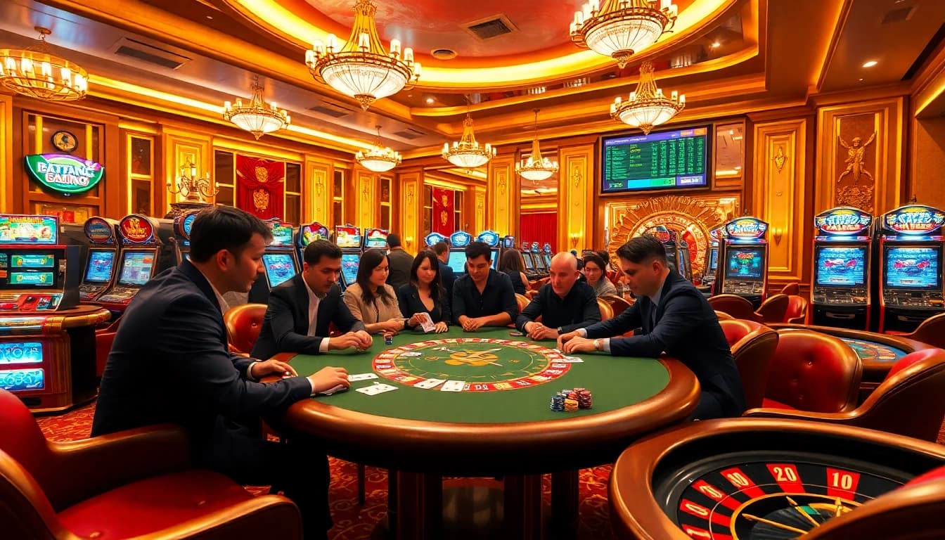 Kèo nhà cái 5 poker players strategizing bets at a luxurious casino table.