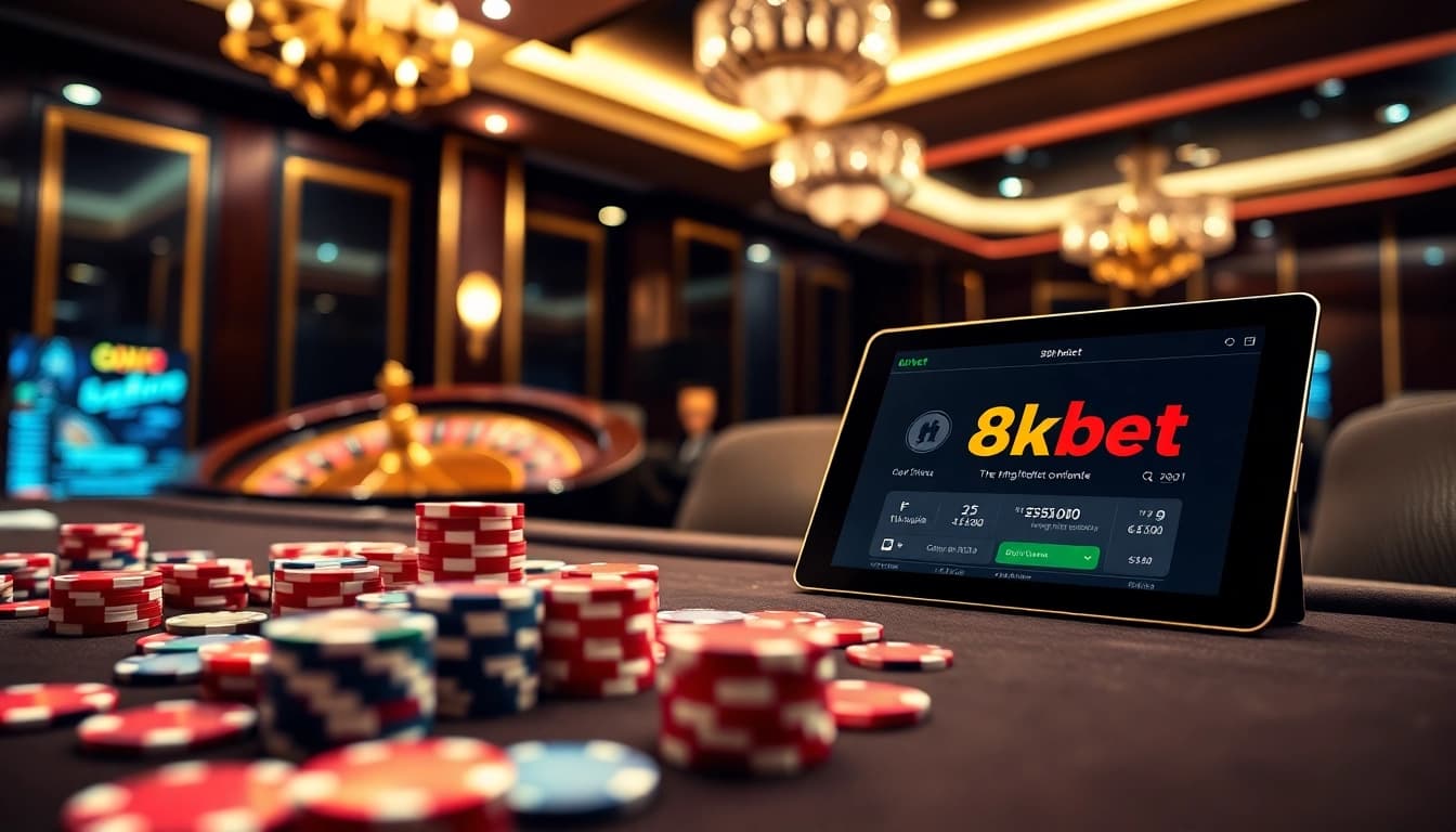 Experience thrilling poker gameplay with 8kbet at an upscale casino table.
