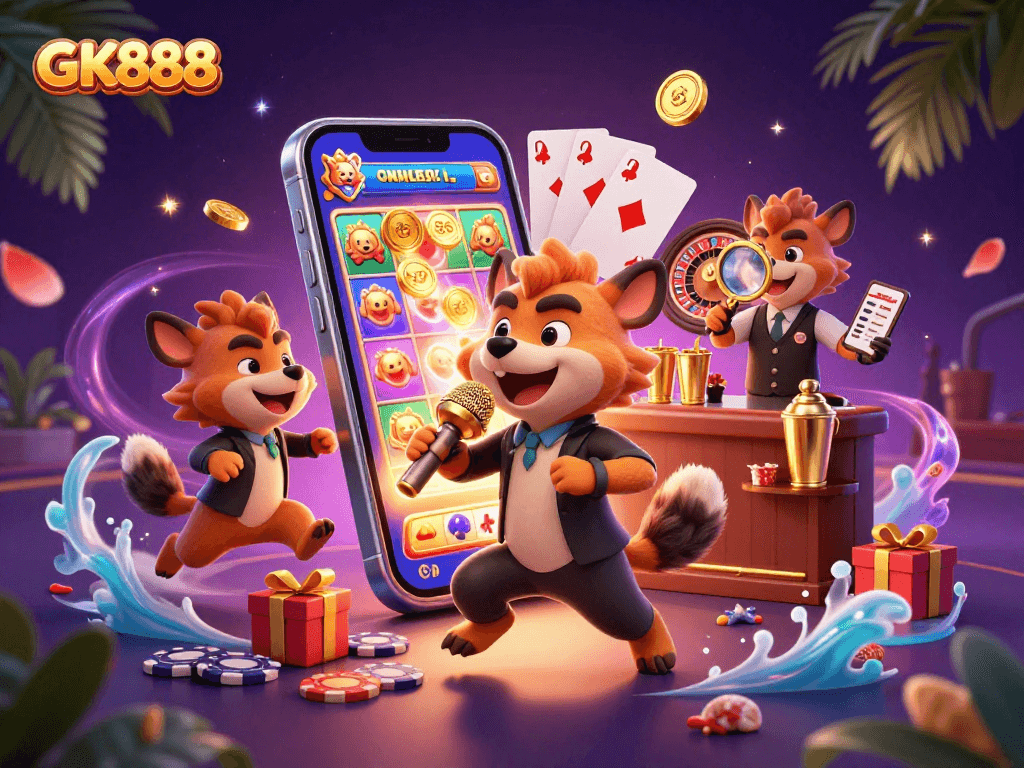 Engage with GK888 at the vibrant comedy casino featuring hyenas in a dynamic 3D illustration.