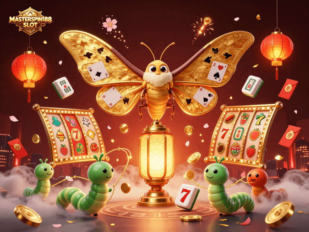 Experience the thrill of winning with MASTERSPIN188 SLOT, featuring vibrant slot reels and festive casino elements.