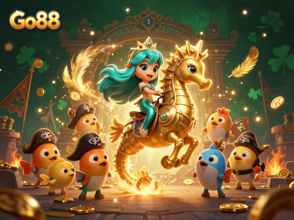 Trải nghiệm cá cược tuyệt vời tại Go88 với hình ảnh nàng tiên cá và những sinh vật biển vui nhộn.