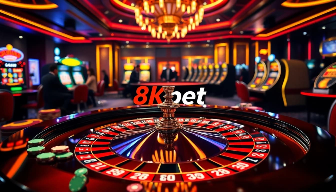 Experience the thrill of 8kbet with dynamic gambling visuals featuring casino tables and online gaming.