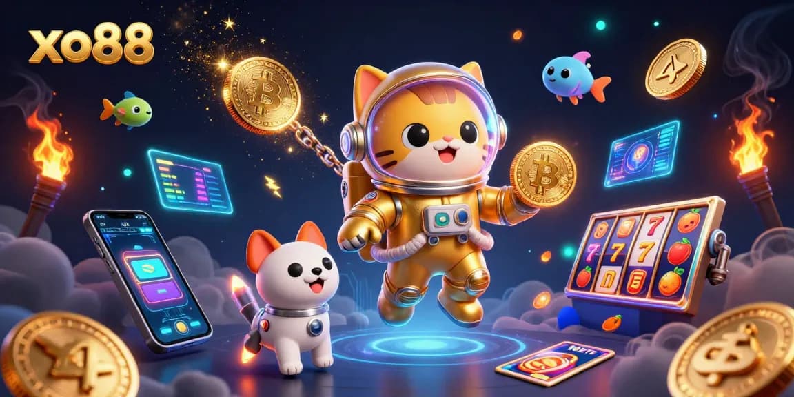 Immerse in the xo88 universe featuring an astronaut cat and crypto elements in a vibrant casino scene.
