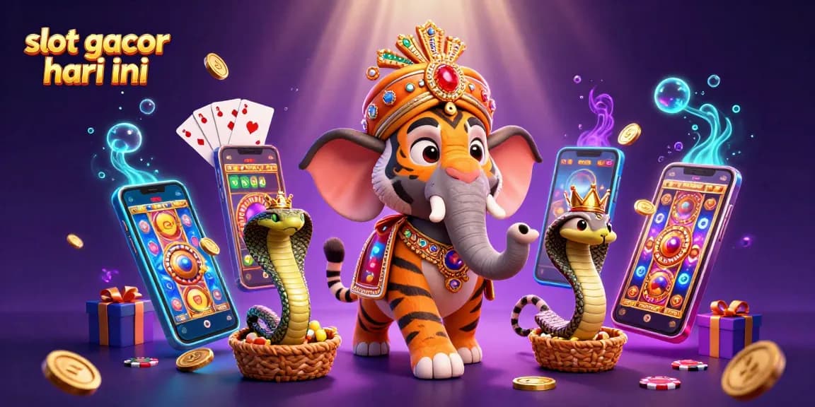 Play slot gacor hari ini with 3D maharaja tiger and jewel elephant in vibrant casino scene.