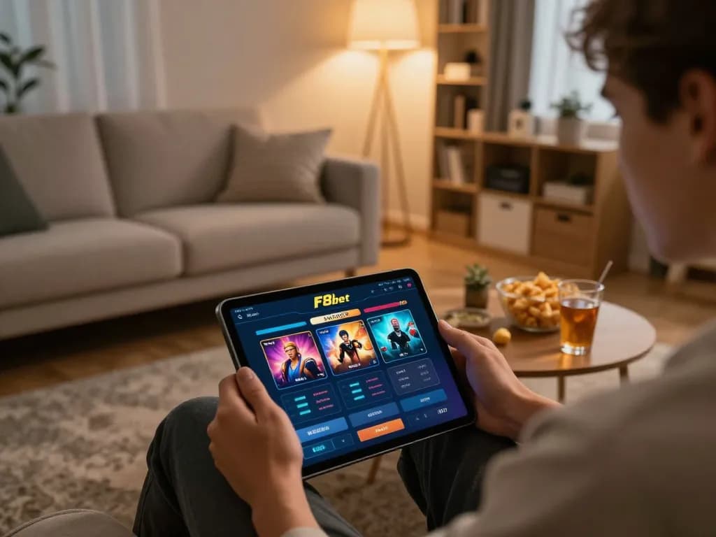 Engaging with F8bet on a tablet in a cozy home setting, displaying online gambling interface.
