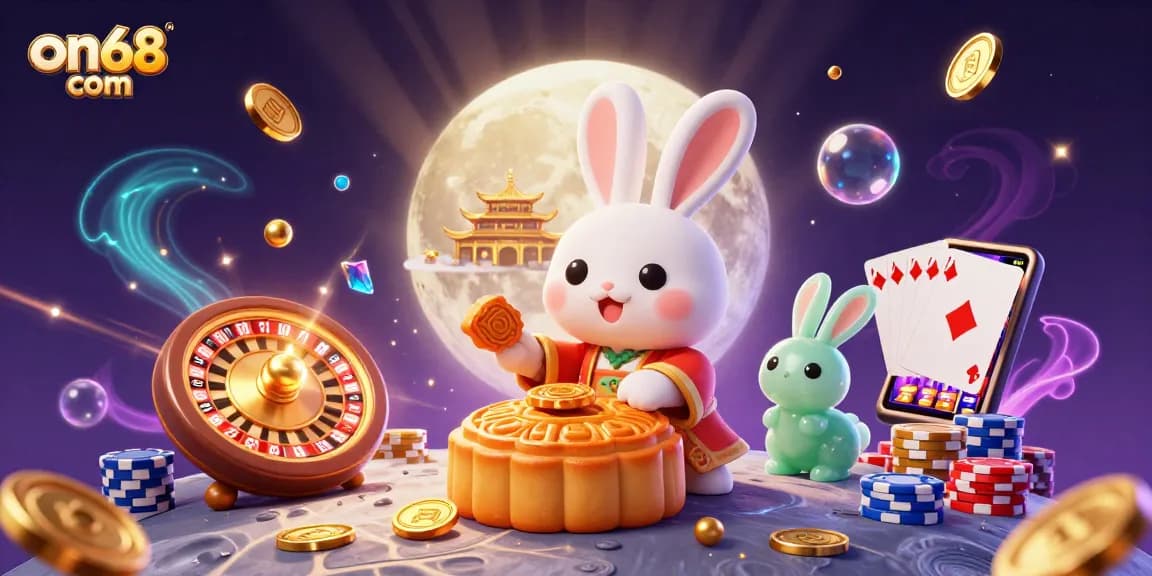 Experience the thrills at on68 com with a captivating lunar casino scene featuring poker chips and gold coins.