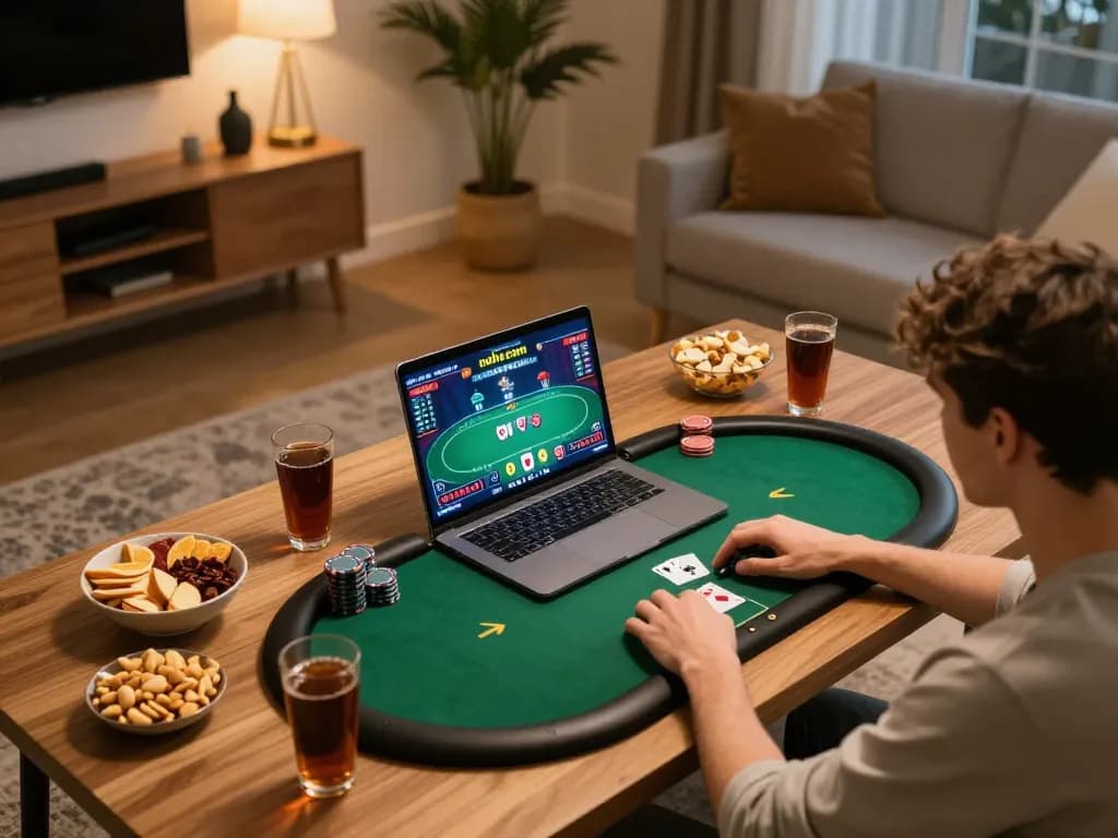 Enjoying an online poker session at nohu com with a vibrant game display and snacks nearby