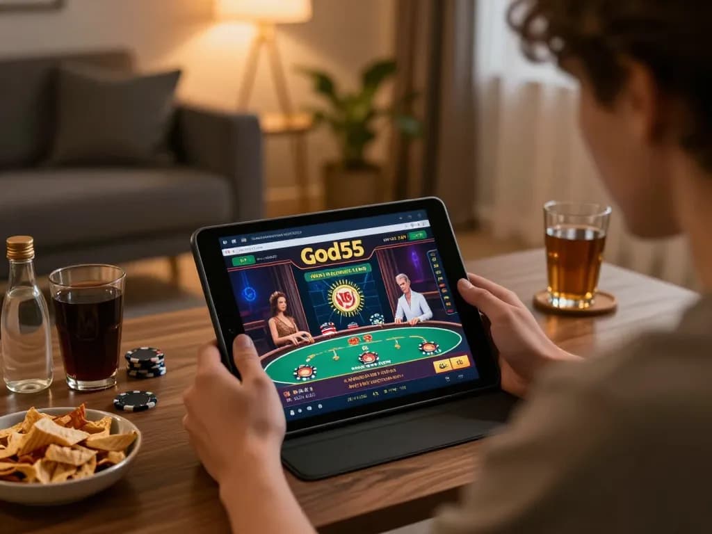 Engaged player exploring god55 online casino on tablet during home gaming night.