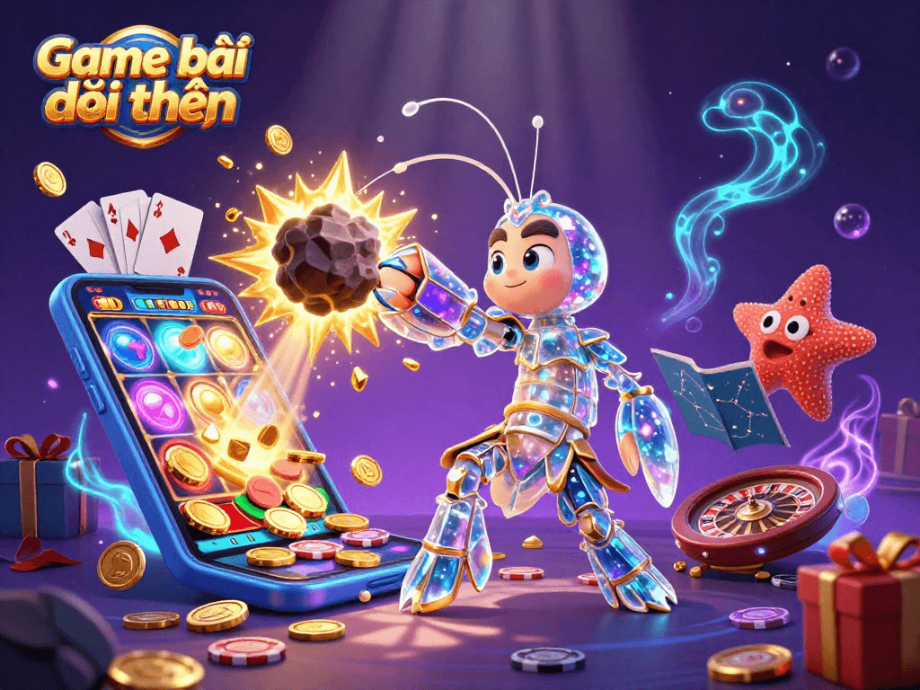 Immerse in the excitement of Game bài đổi thưởng featuring a galactic mantis shrimp amidst casino elements.