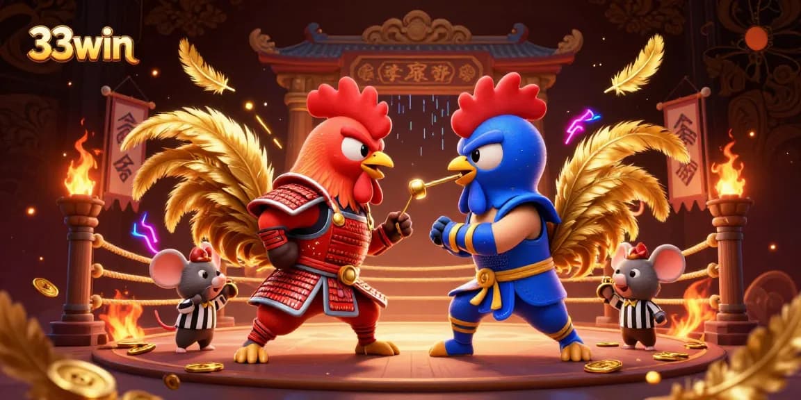 Experience thrilling action at 33win with dynamic roosters in combat and vibrant gambling elements.