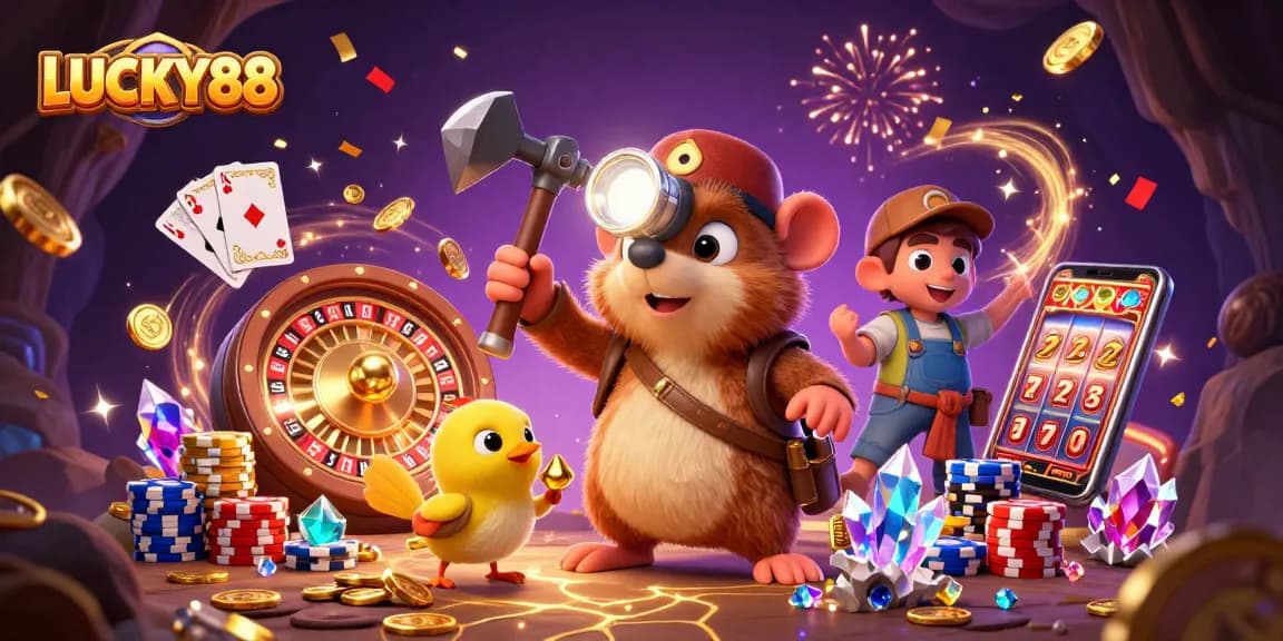 Catch the excitement at LUCKY88 with treasure hunting and golden jackpots in a vibrant casino scene.