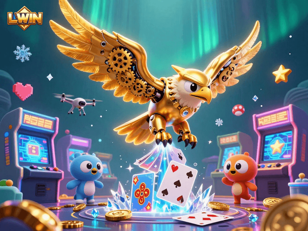 Experience thrilling gaming adventures with LLWIN as the mechanical golden eagle dives through holographic cards.