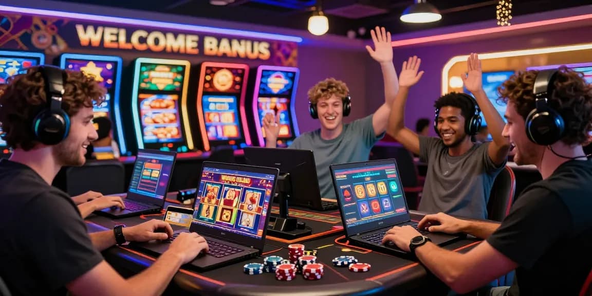 Exciting online gaming scene at https://fimltd.co.uk featuring players celebrating wins, colorful slot games, and credit card interactions.