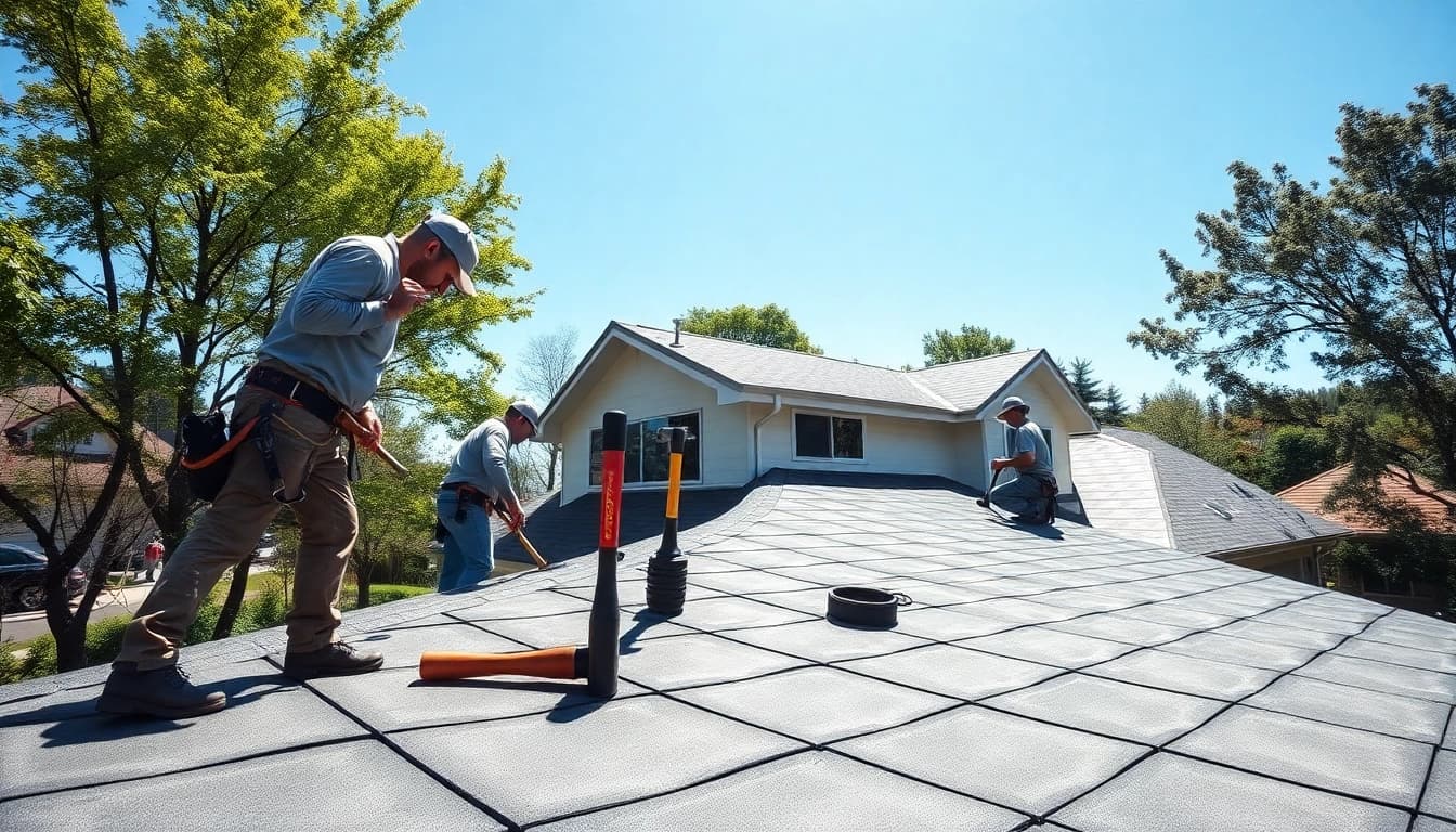 Roofing company team installing quality roofing on a modern home with safety gear.