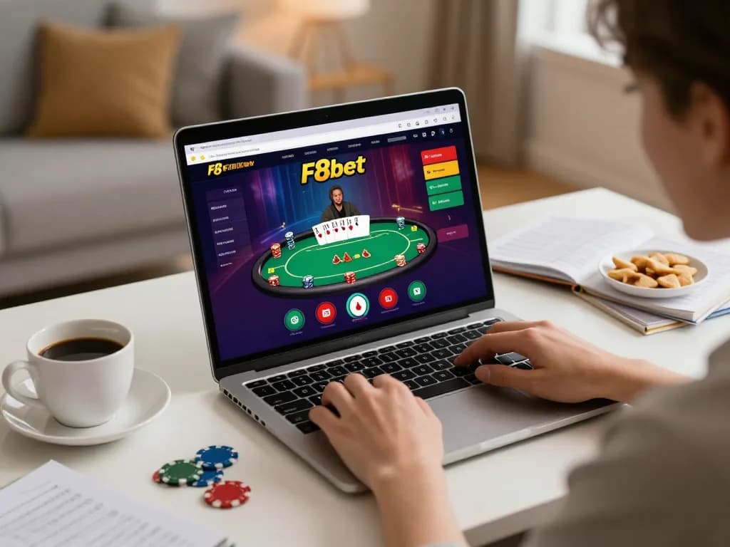 Engaging home gaming scene with a player using F8bet's interface for online poker.