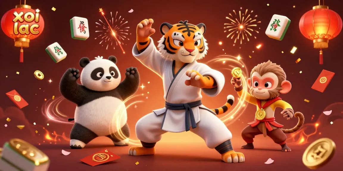 Experience the thrill of xoi lac with a dynamic 3D illustration of a kung fu master and his students.