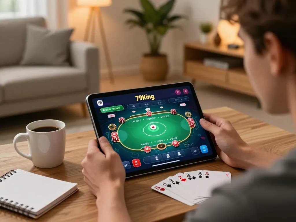Engaging with App 79king on a tablet for an exciting online poker game.