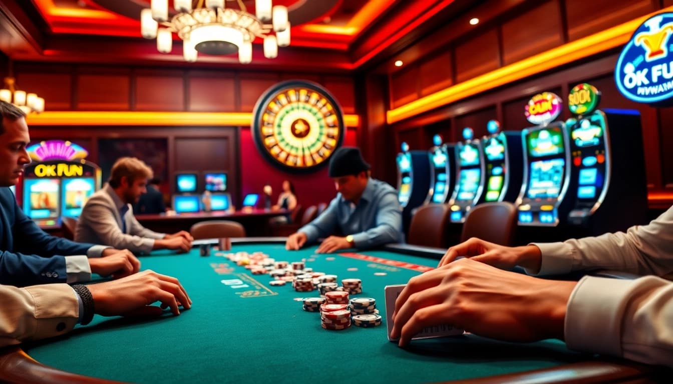 Players at an OK FUN casino poker table strategizing their winning moves in a luxurious setting.