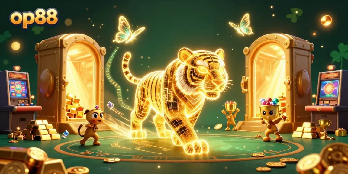 Experience the thrills of op88 with a neon-wireframe tiger in a vibrant digital casino.