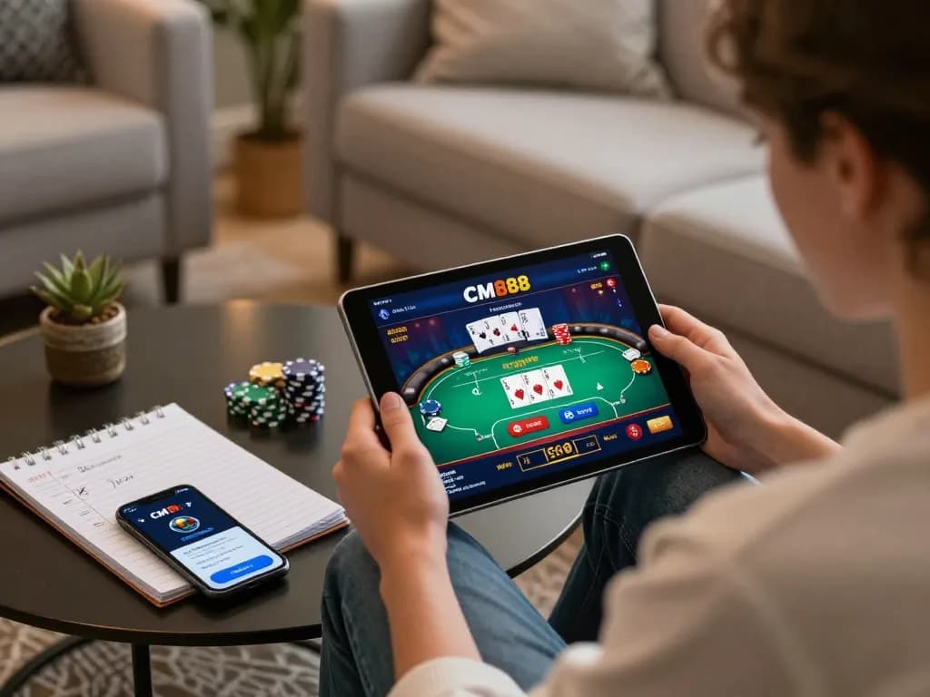 Engaged player strategizing on CM88 COM mobile casino app during a cozy home gaming session.
