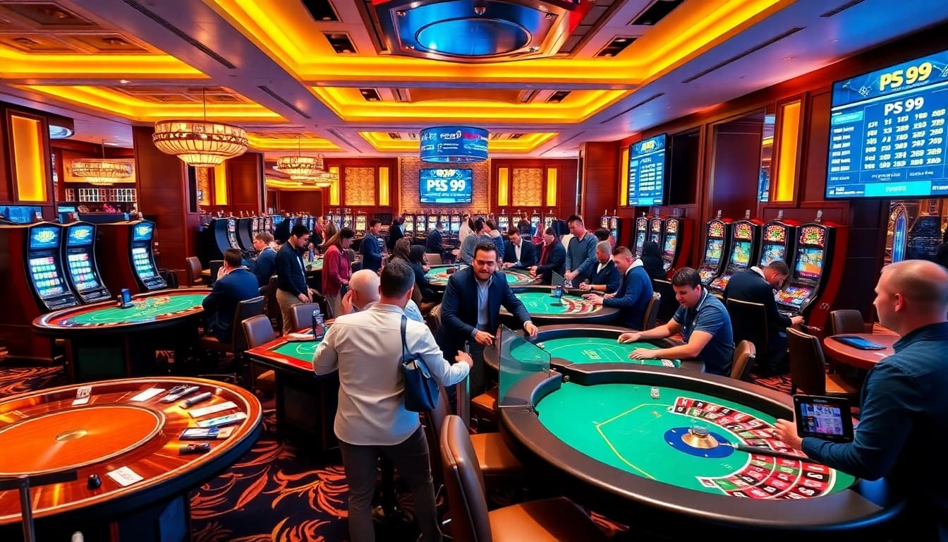 Gambling excitement at PS 99 with players engaged at poker and roulette tables in a luxurious casino.