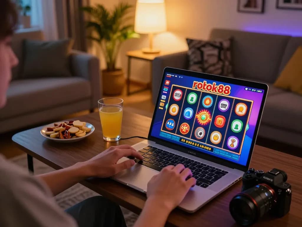 Engaging gameplay on rokok88 slot from a cozy home setting showcasing a vibrant laptop display and warm ambiance