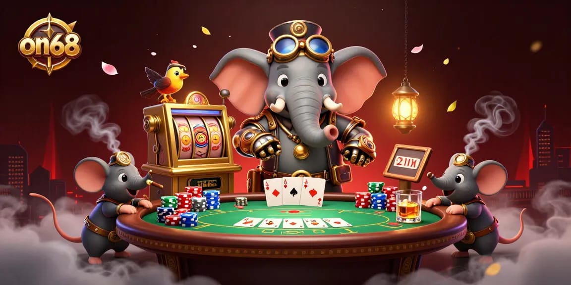 Spin the golden slot machine at on68, featuring steampunk characters and vibrant gambling elements.