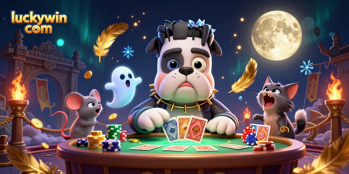 Experience the thrill at luckywin com with our vibrant 3D casino scene featuring card games and ghostly elements.