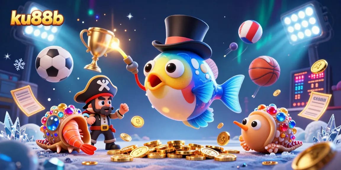 ku88b attracts players with a lively 3D casino scene featuring dynamic sports elements and sparkling treasures.