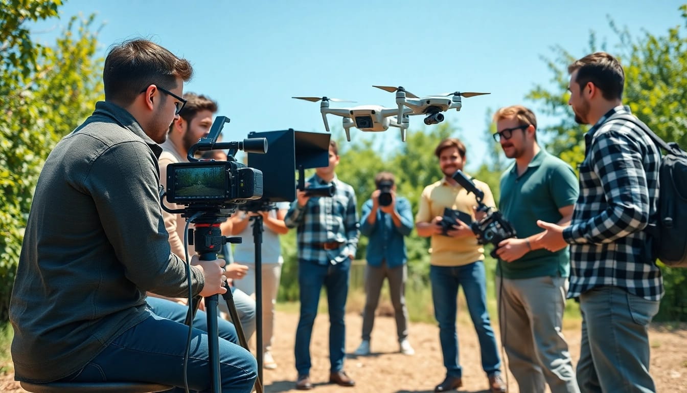 Professional video production team operating cameras outdoors with vibrant greenery.