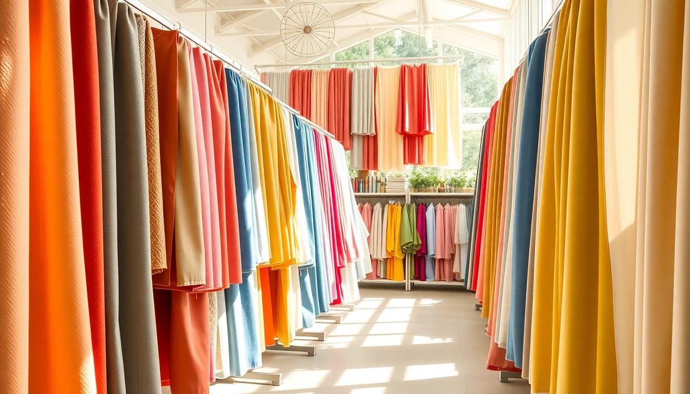 Stoffen webshop Nederland met kleurrijke textielpresentaties in een moderne winkelomgeving.