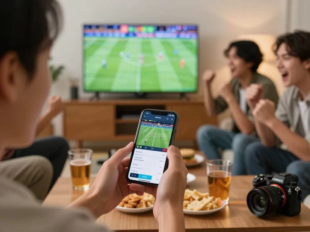 Enthusiast placing bets on CM88 app while enjoying live sports with friends