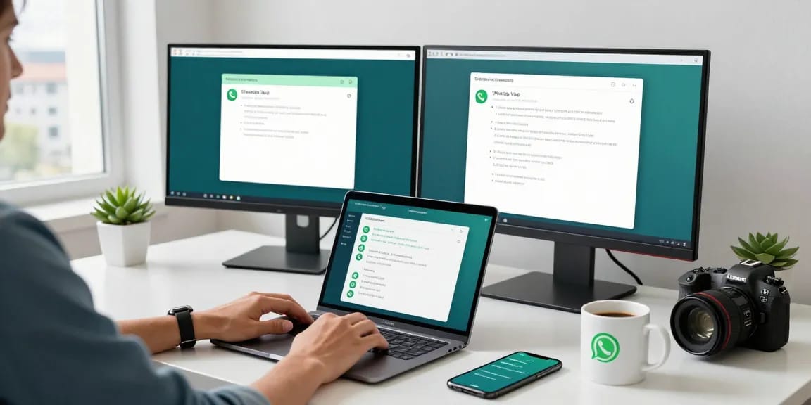 在现代工作空间中，使用双屏显示器上的WhatsApp Web的人。