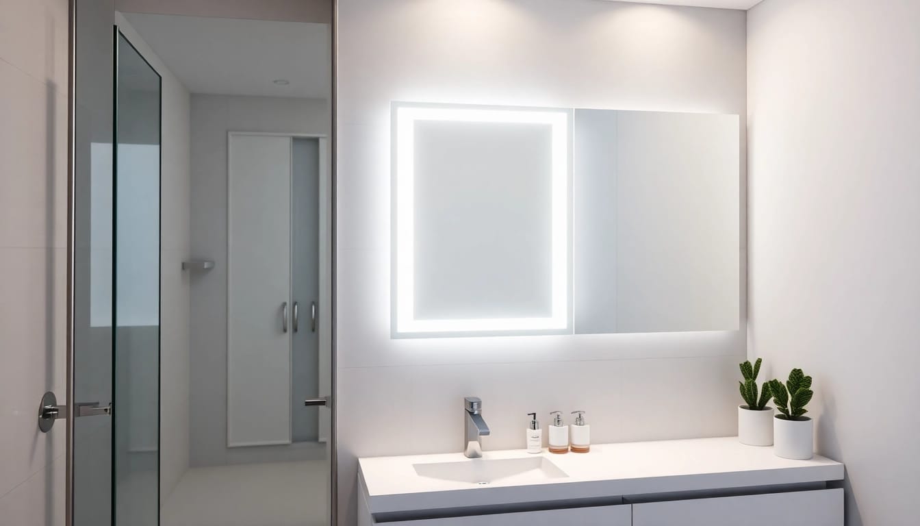 Showcasing a mirror and led lights in a modern bathroom ambiance.