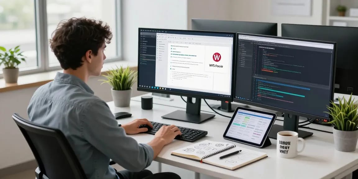 Developer coding on multiple screens showcasing WPS Official Website applications in an inspiring workspace.