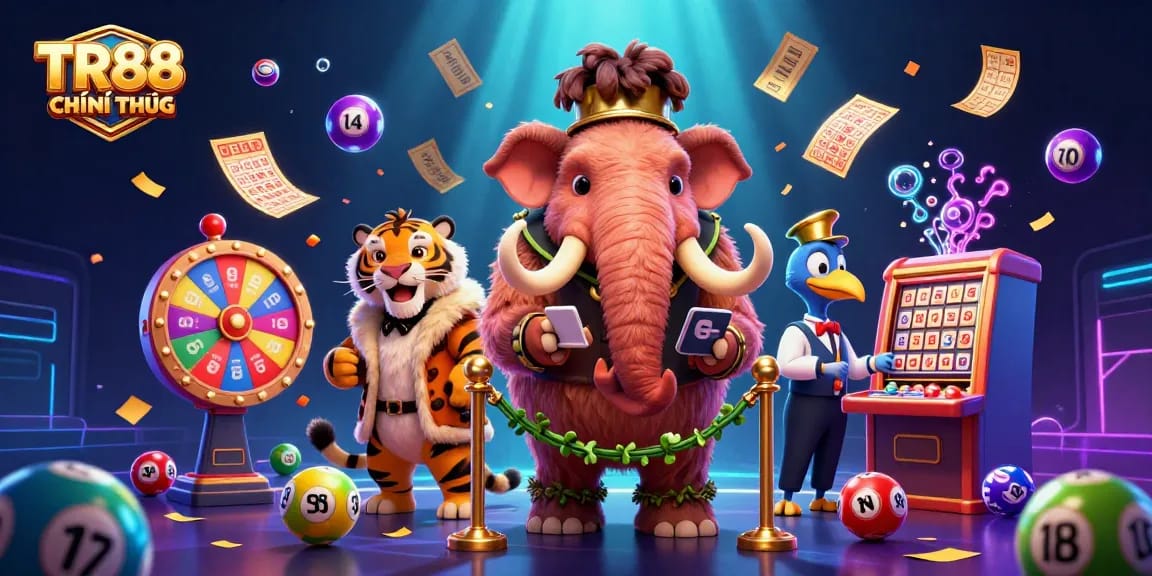 Engage with the vibrant world of TR88 CHÍNH THỨC, featuring a cartoon bouncer, VIP guest, and doorman in a thrilling casino scene.