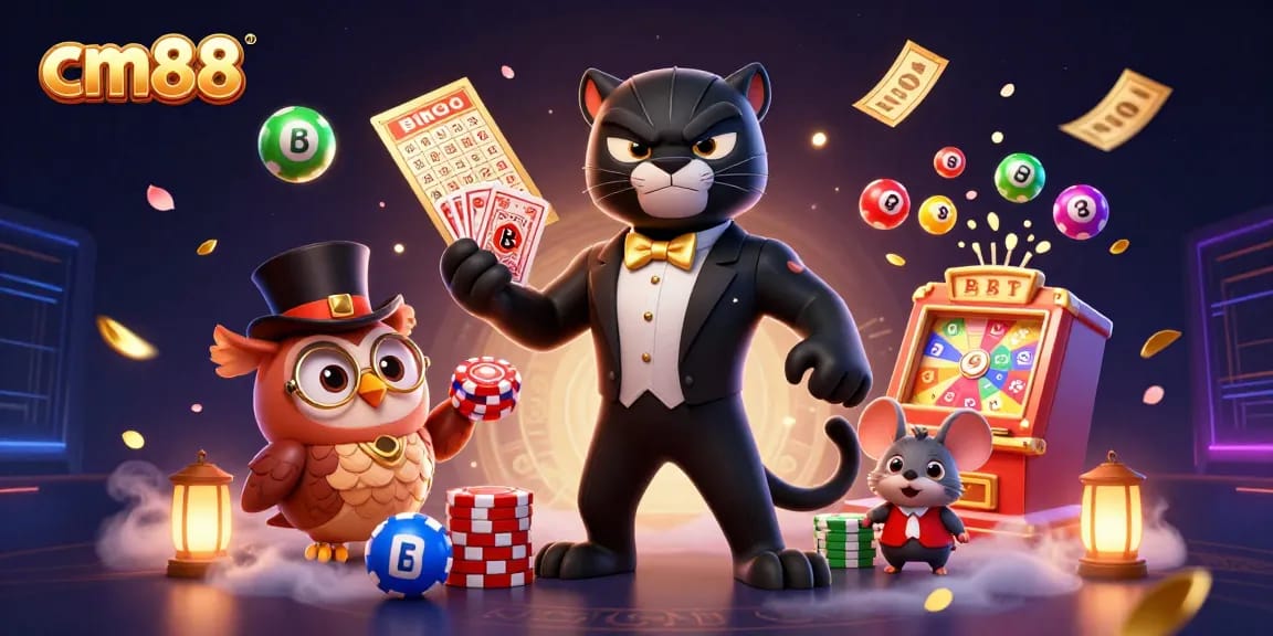 Experience the excitement of cm88 with a stylish panther dealer, owl, and chip-stacking mouse in a vibrant casino environment.
