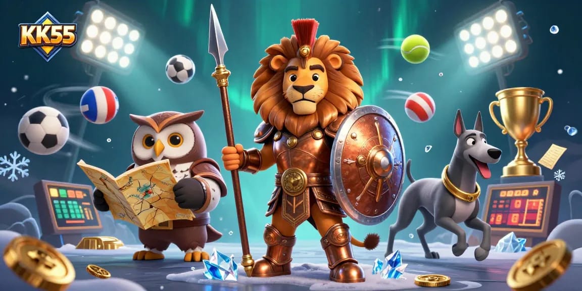 KK55 showcases a dynamic casino scene with a Spartan lion, owl strategist, and greyhound amid sports elements and gold.