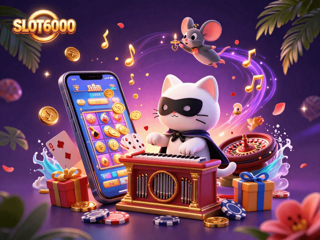 SLOT6000 presents a vibrant 3D scene showcasing a phantom cat at a casino organ, with colorful slot games, golden coins, and a magical atmosphere.