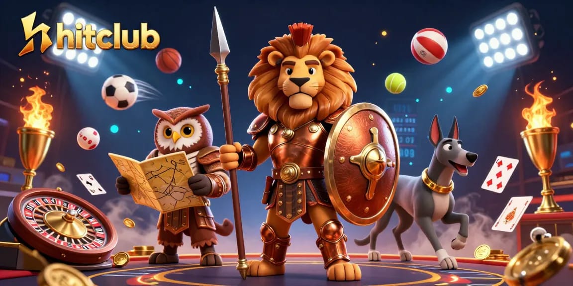 Hitclub engages players with thrilling live casino action featuring a Spartan lion, an owl strategist, and dynamic game elements.