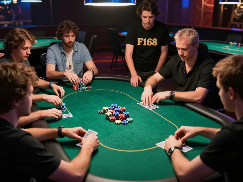 F168 players placing bets during an intense poker game in a vibrant casino atmosphere