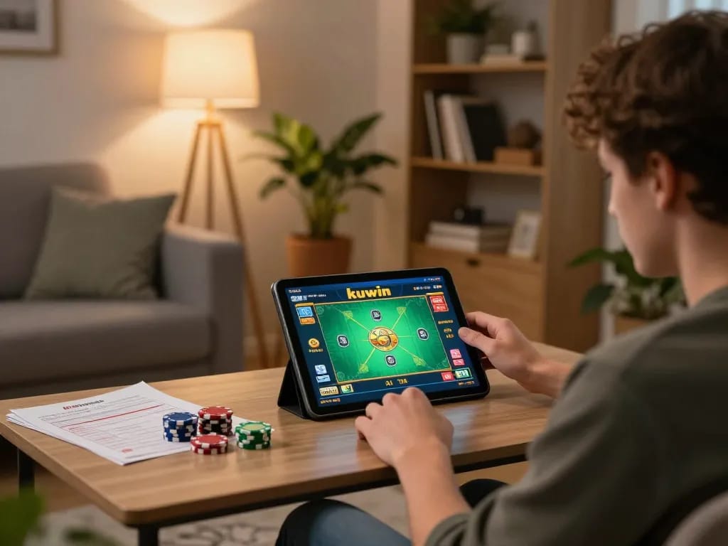 Kuwin gaming session in a cozy home setup with a player engaging in online casino action.