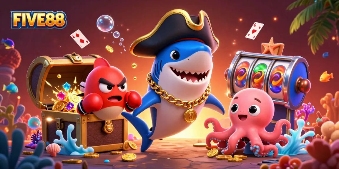 Engage with FIVE88's vibrant underwater casino scene featuring cartoon shark, pufferfish, and octopus.