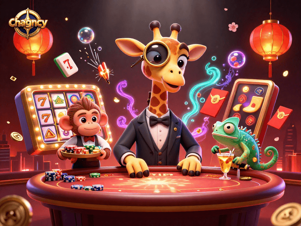 Experience thrilling moments with chagency at a vibrant casino scene featuring a giraffe high-roller, monkey valet, and chameleon bartender.