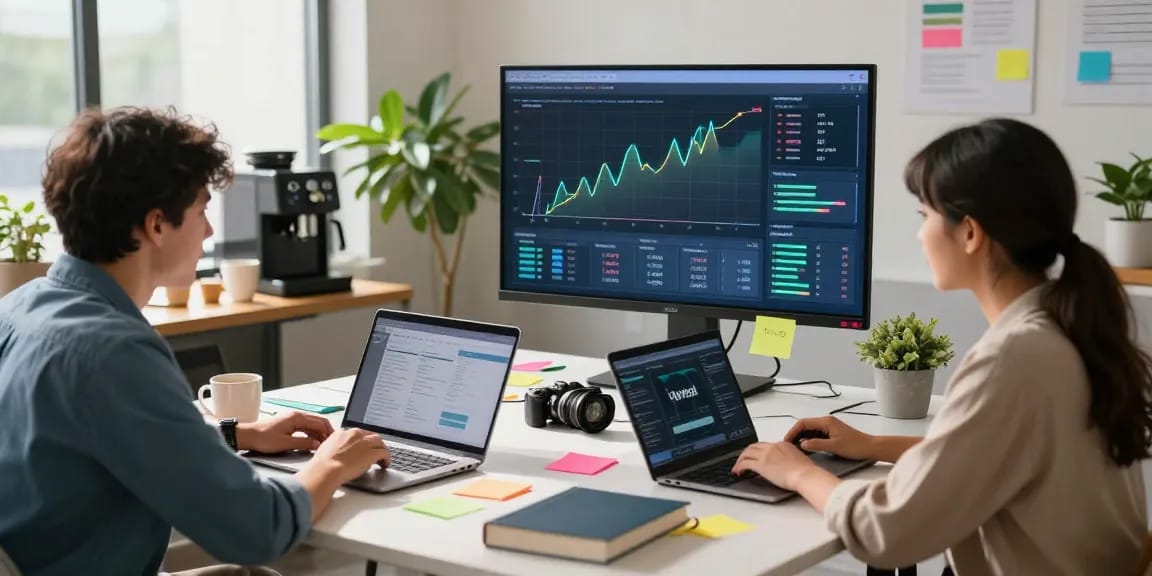 Digital marketing teamwork at https://undergrowthgames.org, featuring collaboration in a vibrant workspace with analytics, laptops, and creativity.