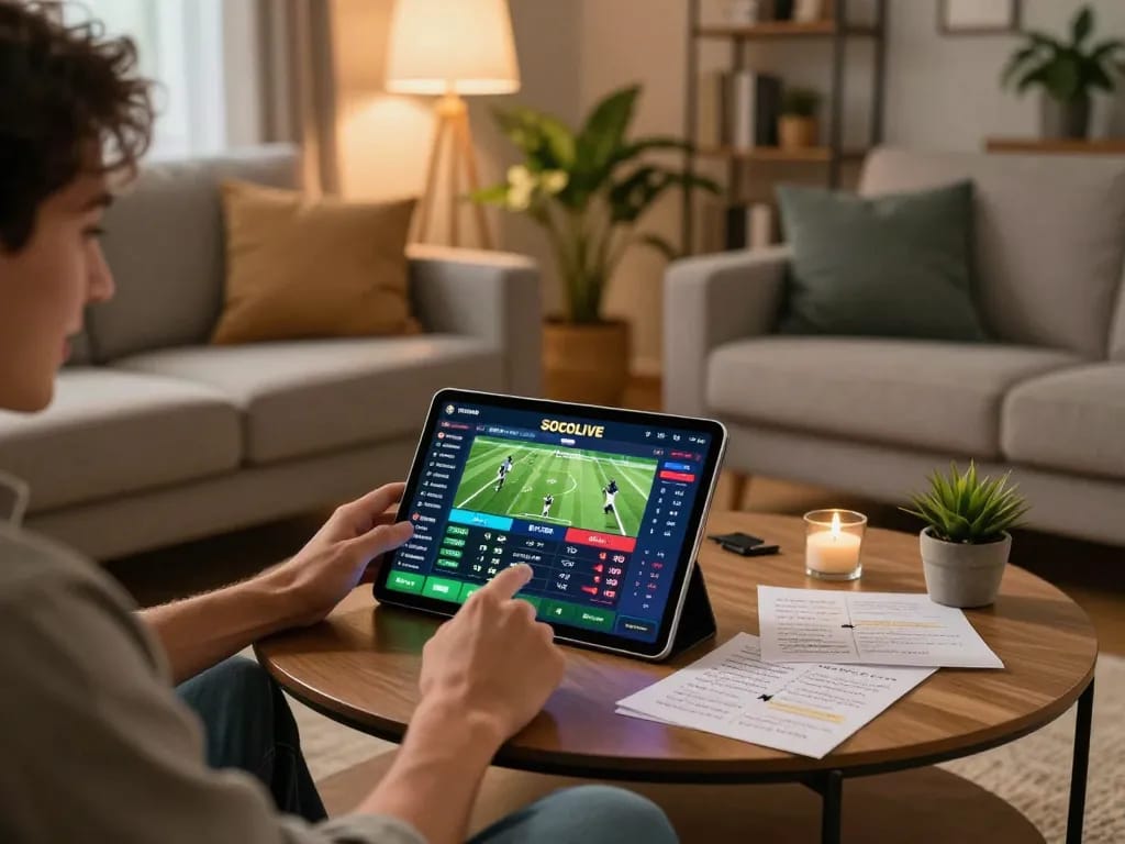 SOCOLIVE user placing online sports bets with a tablet in a cozy living room.