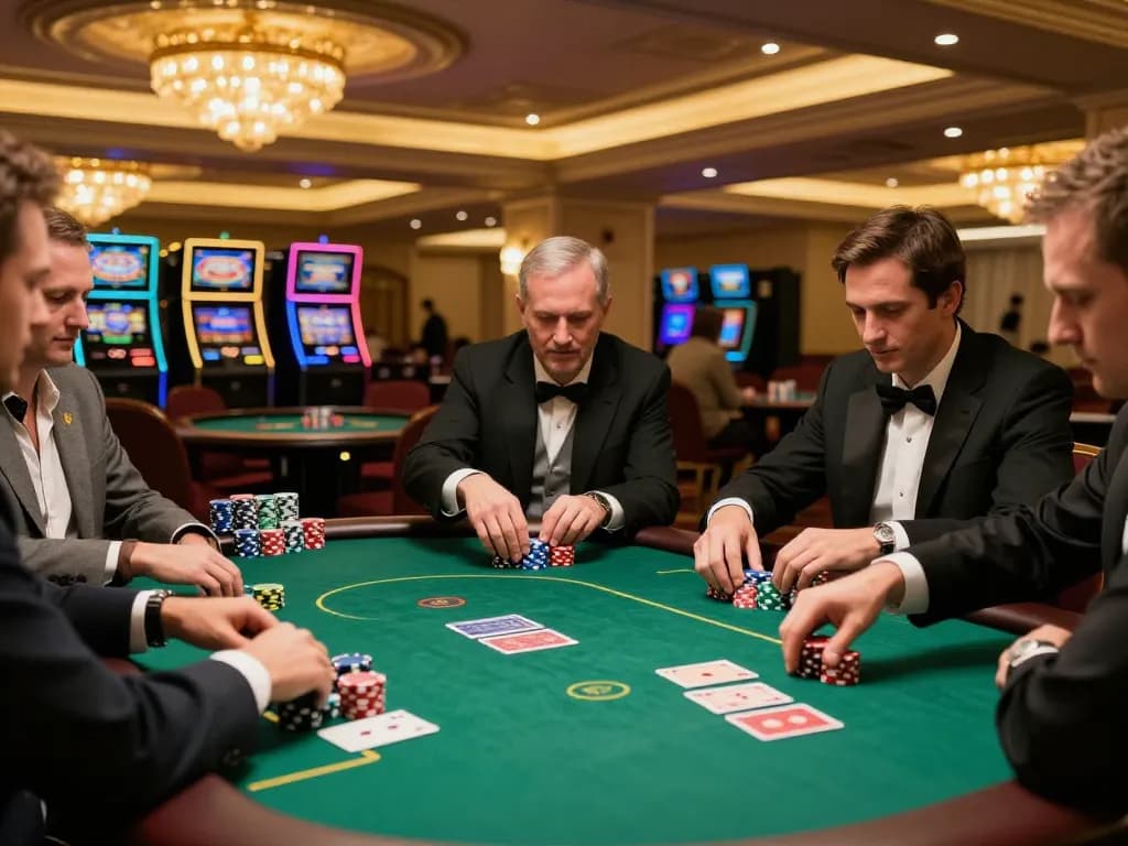 LC88 players strategizing during high-stakes poker game illuminated by chandeliers.